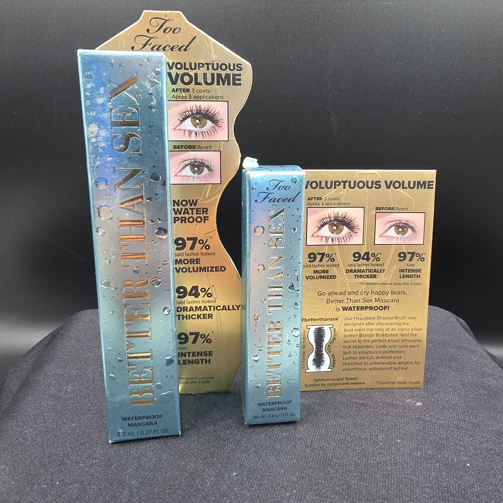Too Faced Better Than Sex Waterproof Mascara Black .27 & 0.17 oz Set of 2 NIB